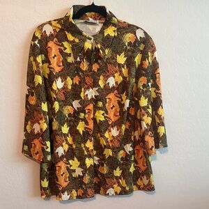 Vintage 1970s Tab Collar Autumn Leaf Print Button-Up Shirt